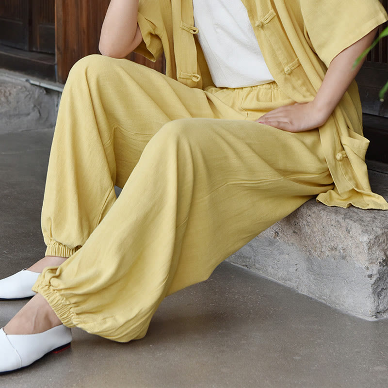 Pantalones de lino holgados informales con bolsillos y diseño de Buddha Stones para mujer