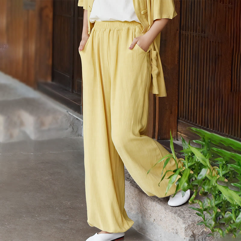 Pantalones de lino holgados informales con bolsillos y diseño de Buddha Stones para mujer