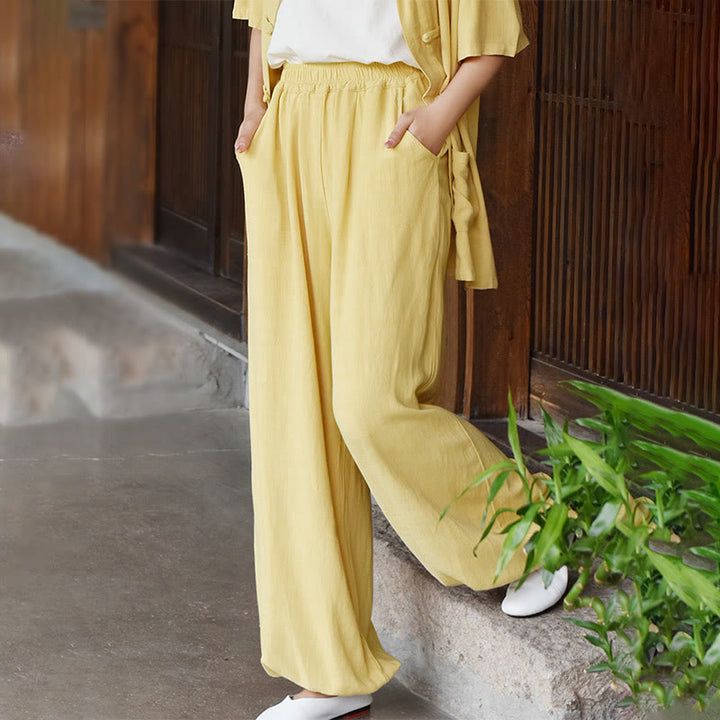 Pantalones de lino holgados informales con bolsillos y diseño de Buddha Stones para mujer