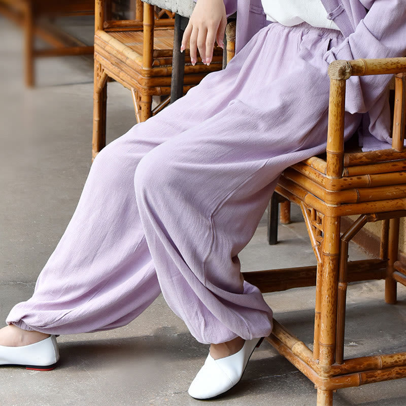 Pantalones de lino holgados informales con bolsillos y diseño de Buddha Stones para mujer