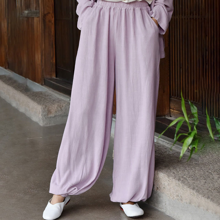 Pantalones de lino holgados informales con bolsillos y diseño de Buddha Stones para mujer