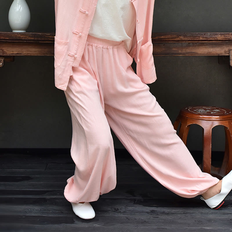 Pantalones de lino holgados informales con bolsillos y diseño de Buddha Stones para mujer