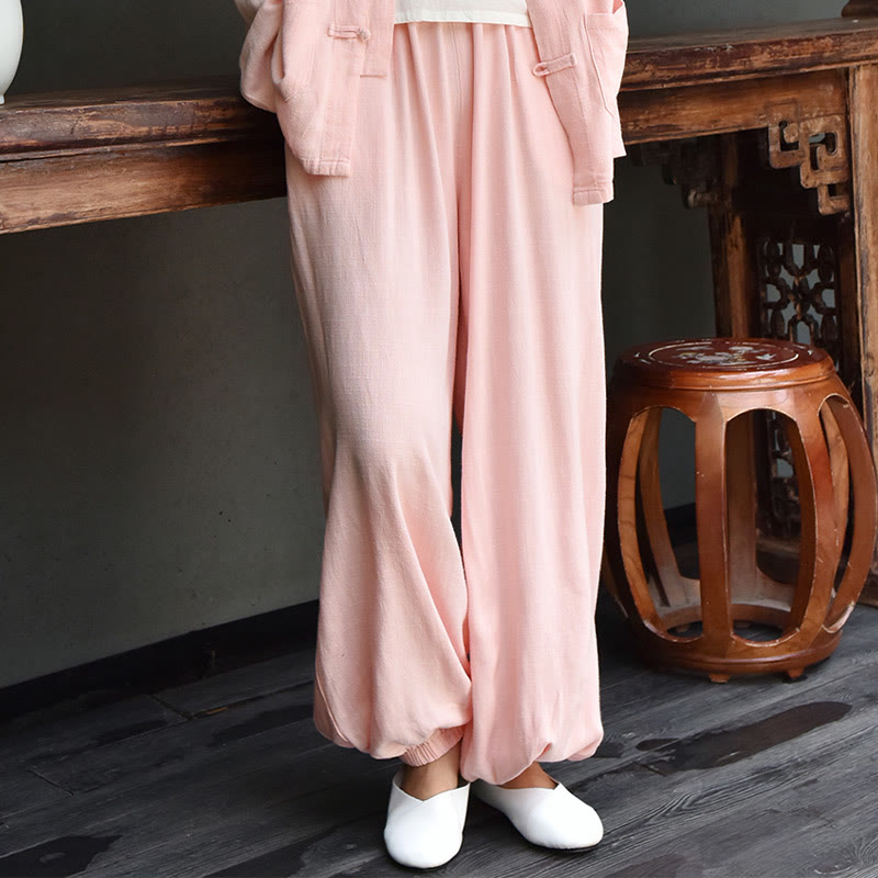 Pantalones de lino holgados informales con bolsillos y diseño de Buddha Stones para mujer