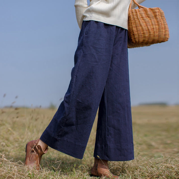 Pantalones anchos de pierna de ramio para mujer, informales, lisos y holgados, con bolsillos, de Buddha Stones - Azul medianoche - US6, UK/AU10, EU38 (L) - image 0