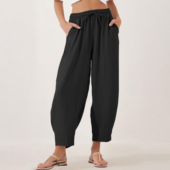Pantalones casuales holgados con cordón y bolsillos de poliéster de 7/8 de largo para mujer con Buddha Stones - Negro - US16，UK/AU20，EU48 (3XL) - image 9