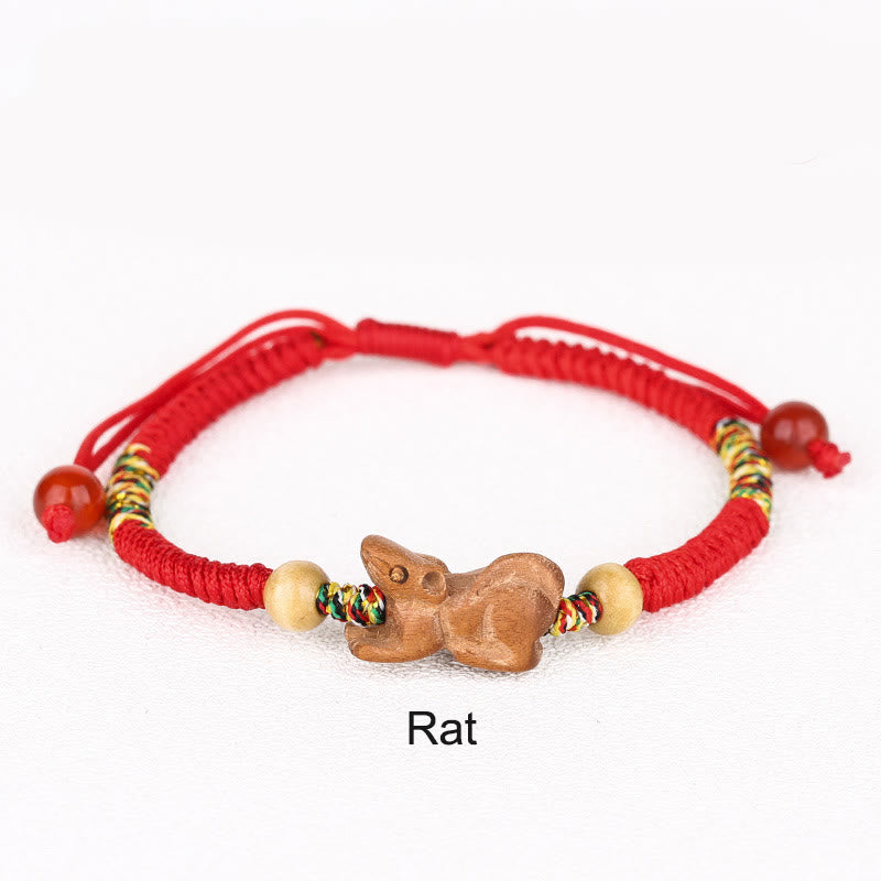 Pulsera de la suerte hecha a mano con hilo rojo del zodíaco chino y Buddha Stones en madera de durazno