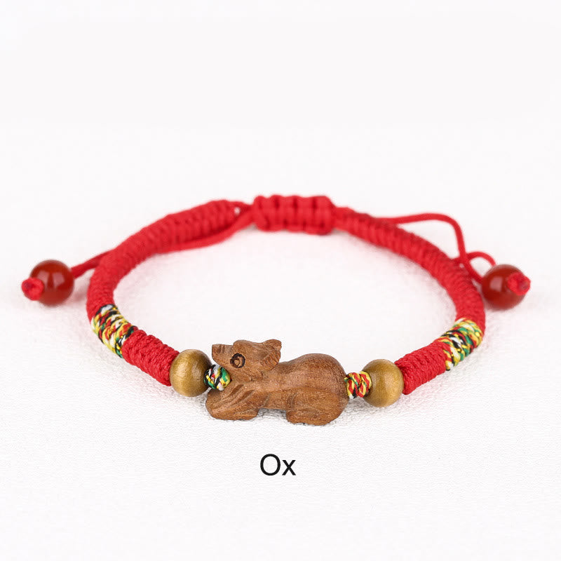 Pulsera de la suerte hecha a mano con hilo rojo del zodíaco chino y Buddha Stones en madera de durazno