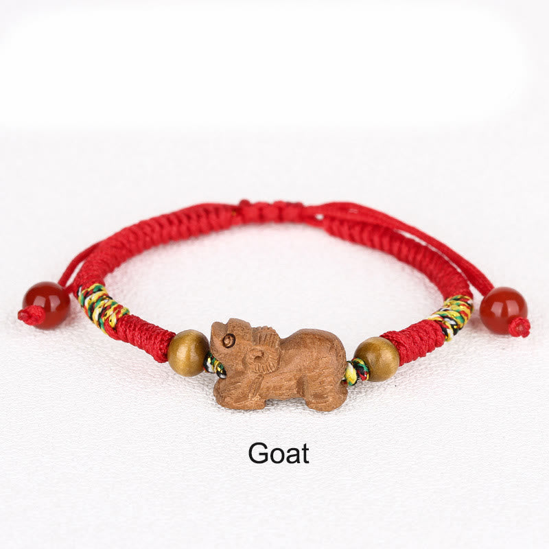 Pulsera de la suerte hecha a mano con hilo rojo del zodíaco chino y Buddha Stones en madera de durazno