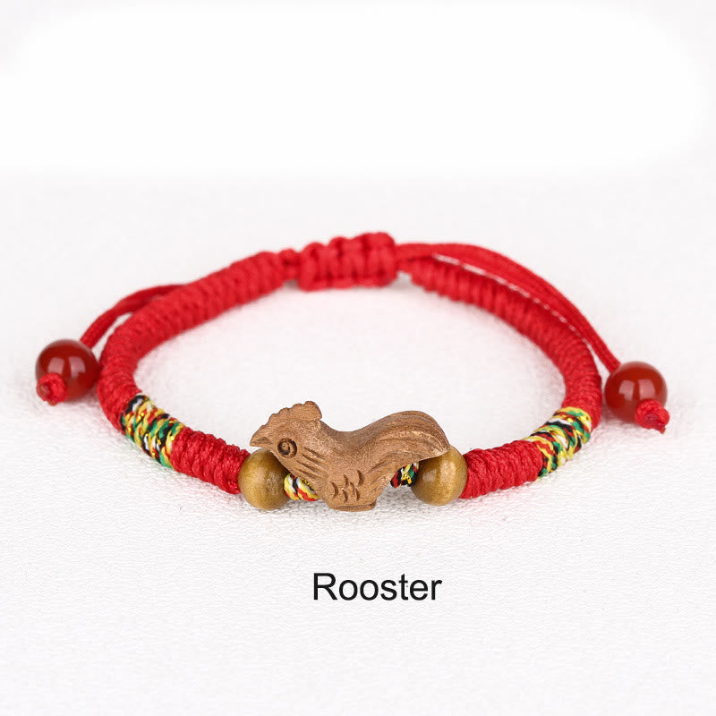 Pulsera de la suerte hecha a mano con hilo rojo del zodíaco chino y Buddha Stones en madera de durazno