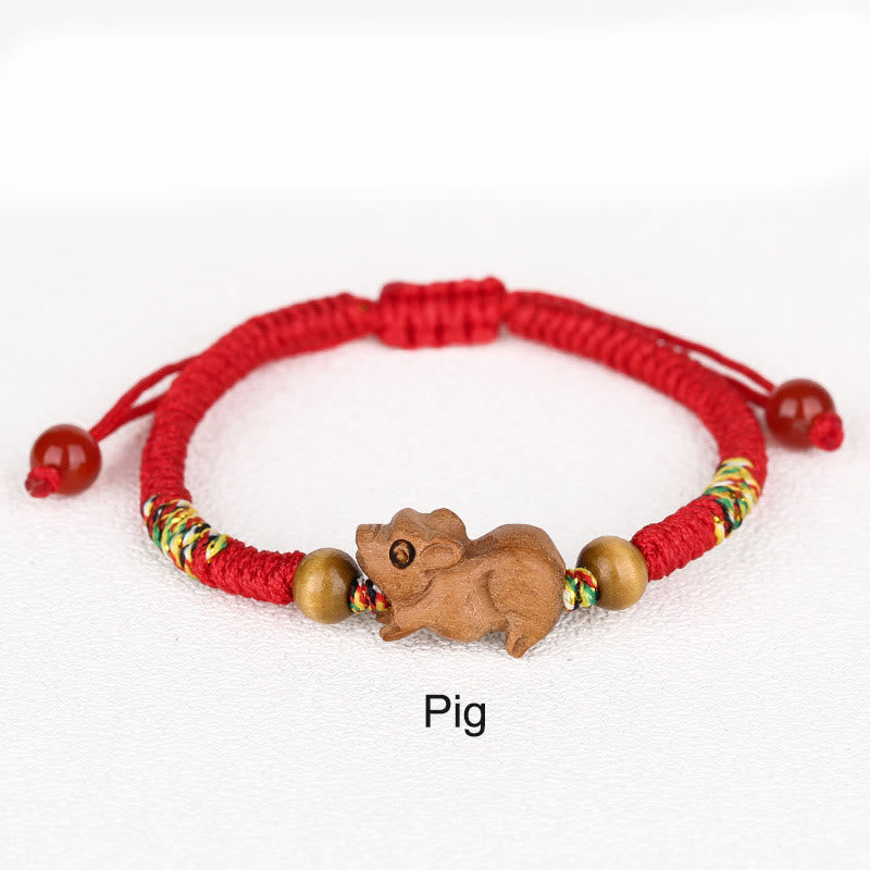 Pulsera de la suerte hecha a mano con hilo rojo del zodíaco chino y Buddha Stones en madera de durazno