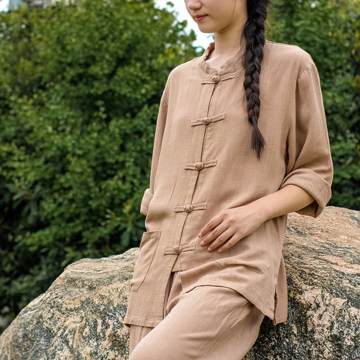 Camisas de mujer de lino y algodón de manga larga con botones de rana en color liso y bolsillos con Buddha Stones - image 23