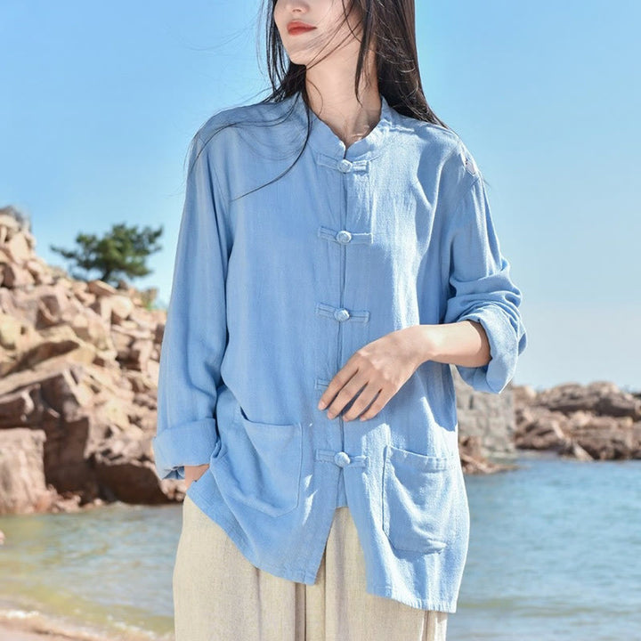 Camisas de mujer de lino y algodón de manga larga con botones de rana en color liso y bolsillos con Buddha Stones - image 7