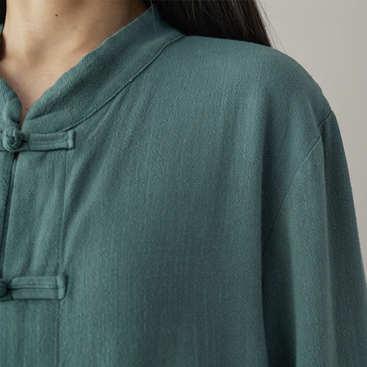 Camisas de mujer de lino y algodón de manga larga con botones de rana en color liso y bolsillos con Buddha Stones - image 13