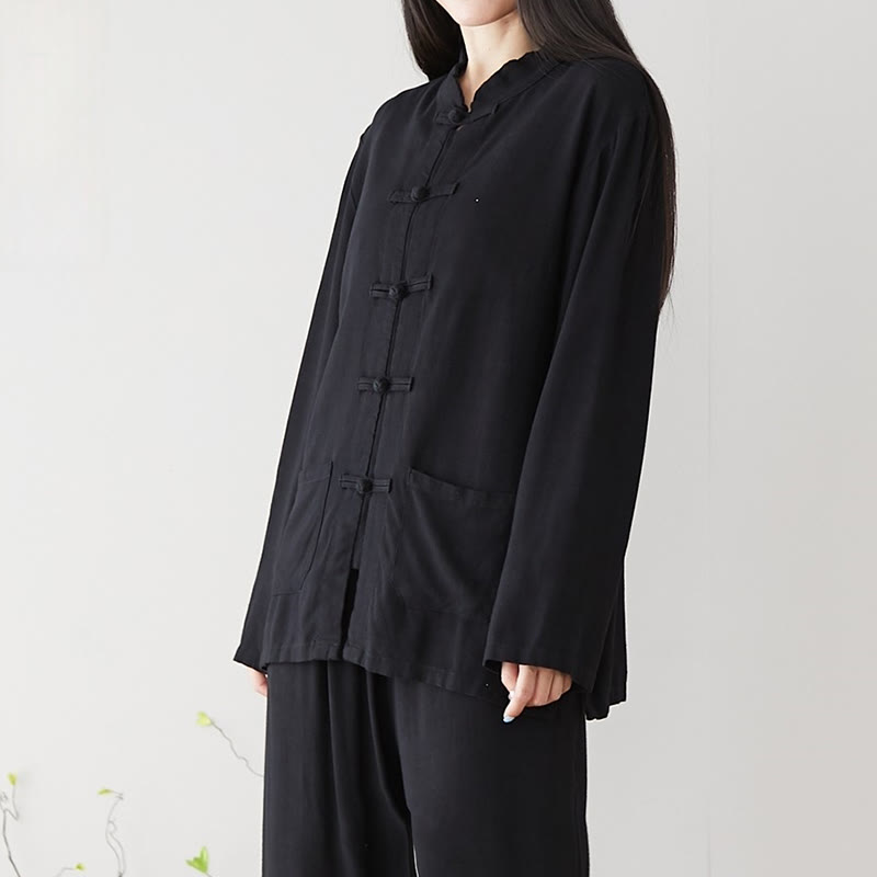 Camisas de mujer de lino y algodón de manga larga con botones de rana en color liso y bolsillos con Buddha Stones - Negro - US8-10, UK/AU12-14, EU40-42 (XL) - image 5