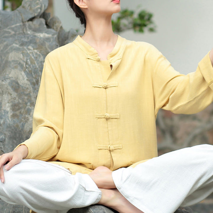 Camisas de mujer de lino y algodón de manga larga con botones de rana en color liso y bolsillos con Buddha Stones - Caqui - US6，UK/AU10，EU38 (XL) - image 15