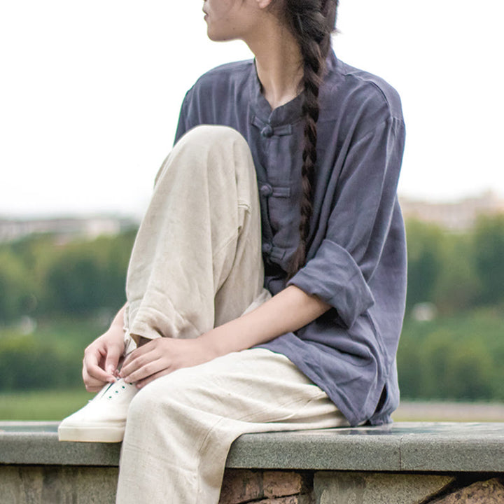 Camisas de mujer de lino y algodón de manga larga con botones de rana en color liso y bolsillos con Buddha Stones - image 27