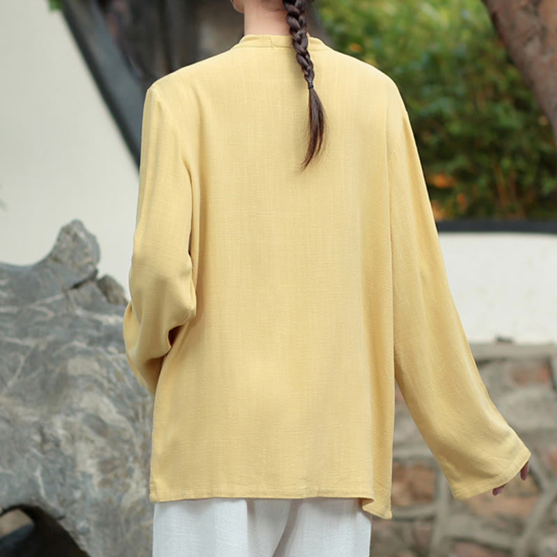 Camisas de mujer de lino y algodón de manga larga con botones de rana en color liso y bolsillos con Buddha Stones - image 16