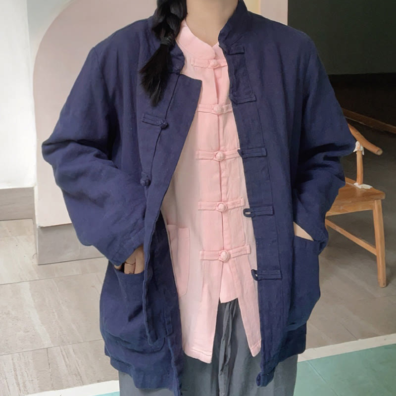 Camisas de mujer de lino y algodón de manga larga con botones de rana en color liso y bolsillos con Buddha Stones - image 19