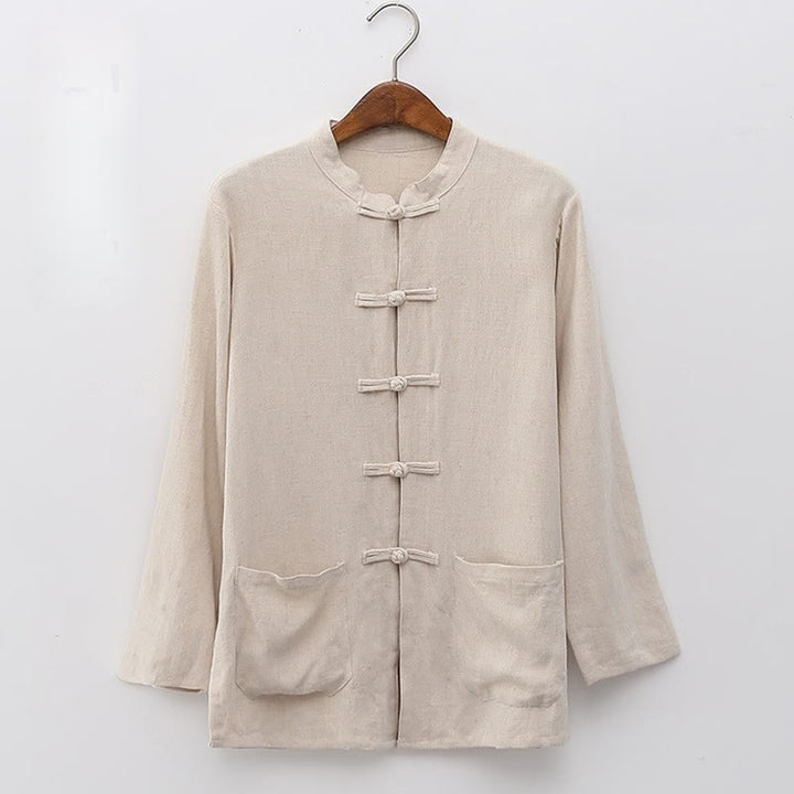Camisas de mujer de lino y algodón de manga larga con botones de rana en color liso y bolsillos con Buddha Stones - Encaje antiguo - US6，UK/AU10，EU38 (XL) - image 3
