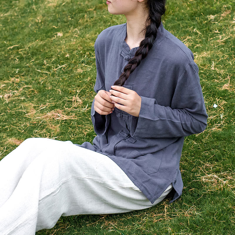Camisas de mujer de lino y algodón de manga larga con botones de rana en color liso y bolsillos con Buddha Stones - image 26