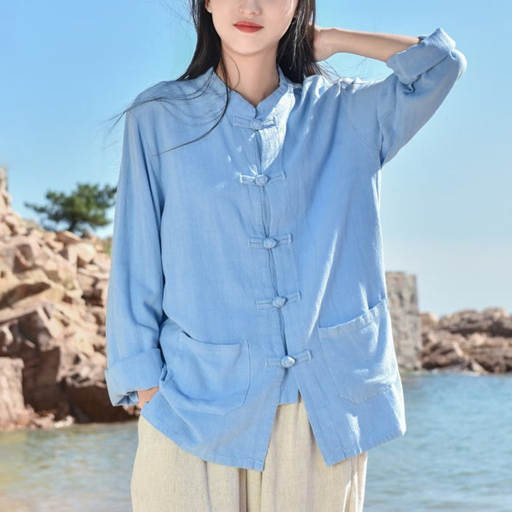 Camisas de mujer de lino y algodón de manga larga con botones de rana en color liso y bolsillos con Buddha Stones - Azul cielo claro - US6，UK/AU10，EU38 (XL) - image 7