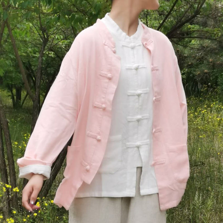 Camisas de mujer de lino y algodón de manga larga con botones de rana en color liso y bolsillos con Buddha Stones - Rosa - US8-10, UK/AU12-14, EU40-42 (XL) - image 16