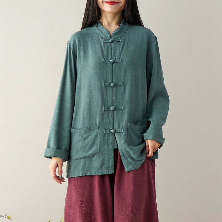 Camisas de mujer de lino y algodón de manga larga con botones de rana en color liso y bolsillos con Buddha Stones - Cadete Azul - US6，UK/AU10，EU38 (XL) - image 11