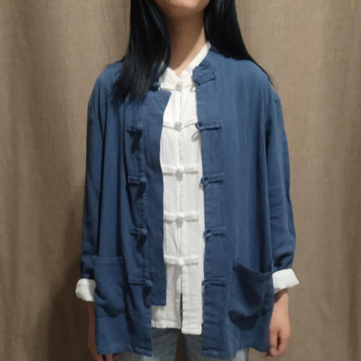 Camisas de mujer de lino y algodón de manga larga con botones de rana en color liso y bolsillos con Buddha Stones - Azul pizarra oscuro - US6，UK/AU10，EU38 (XL) - image 10
