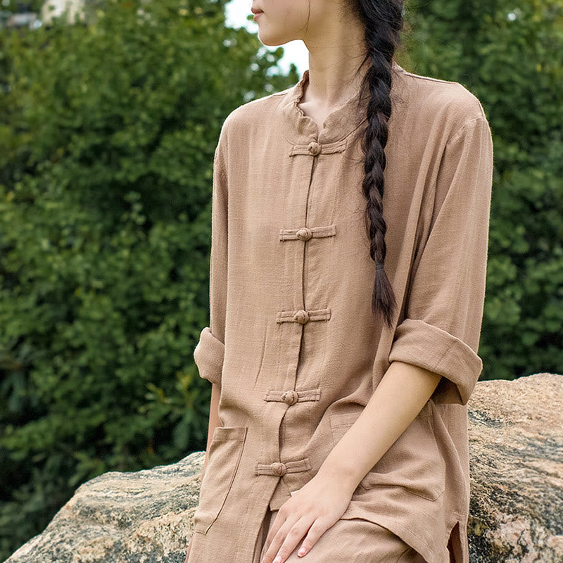 Camisas de mujer de lino y algodón de manga larga con botones de rana en color liso y bolsillos con Buddha Stones - image 24