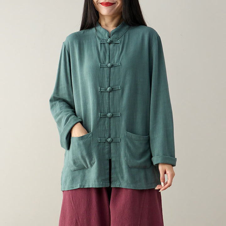 Camisas de mujer de lino y algodón de manga larga con botones de rana en color liso y bolsillos con Buddha Stones - image 11