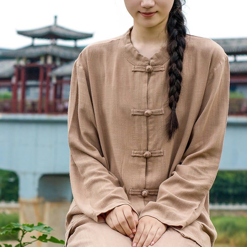 Camisas de mujer de lino y algodón de manga larga con botones de rana en color liso y bolsillos con Buddha Stones - image 22