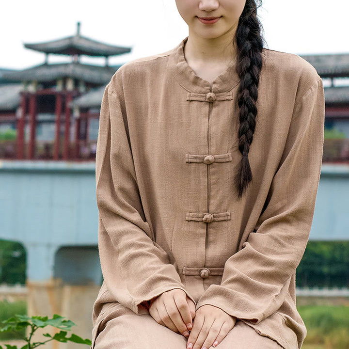 Camisas de mujer de lino y algodón de manga larga con botones de rana en color liso y bolsillos con Buddha Stones - image 22
