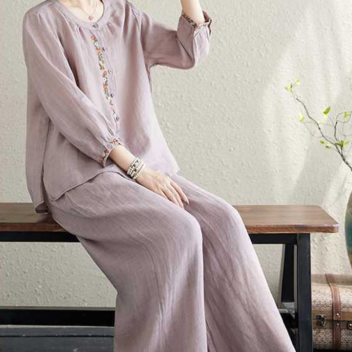 Conjunto de 2 piezas de camisa y pantalones con bordado de flores de algodón y piedras de Buddha Stones para meditación, tai chi y zen para mujer - image 9