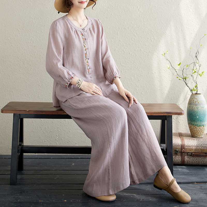 Conjunto de 2 piezas de camisa y pantalones con bordado de flores de algodón y piedras de Buddha Stones para meditación, tai chi y zen para mujer - image 2