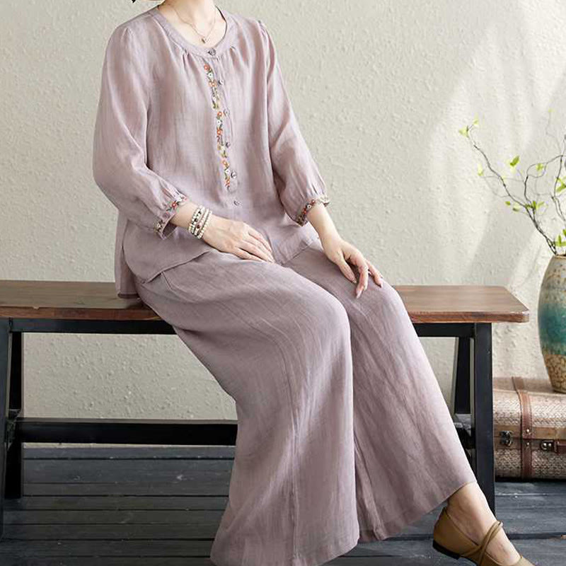 Conjunto de 2 piezas de camisa y pantalones con bordado de flores de algodón y piedras de Buddha Stones para meditación, tai chi y zen para mujer - image 10