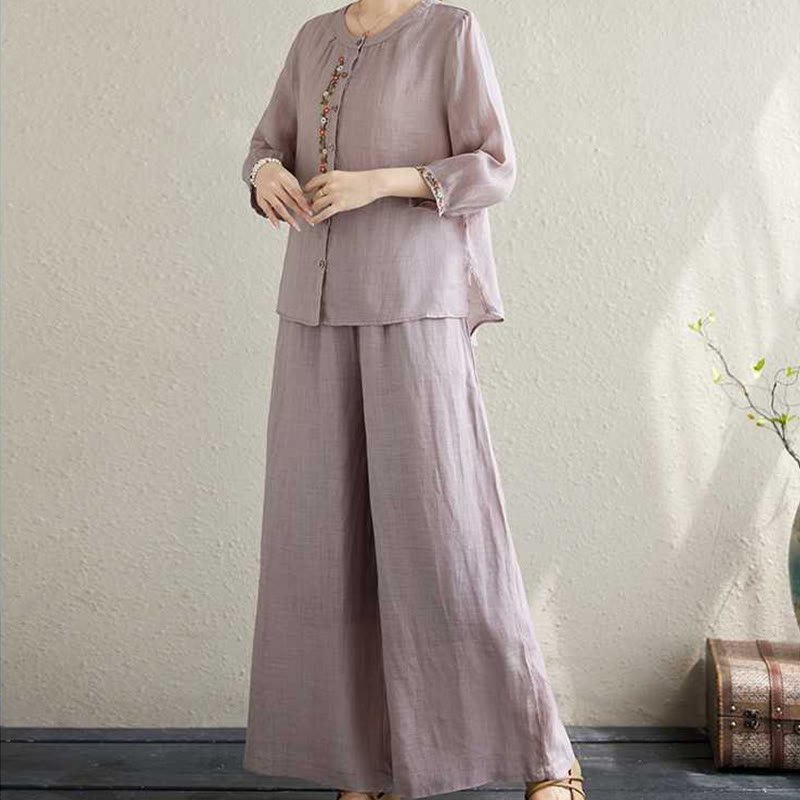 Conjunto de 2 piezas de camisa y pantalones con bordado de flores de algodón y piedras de Buddha Stones para meditación, tai chi y zen para mujer - image 7