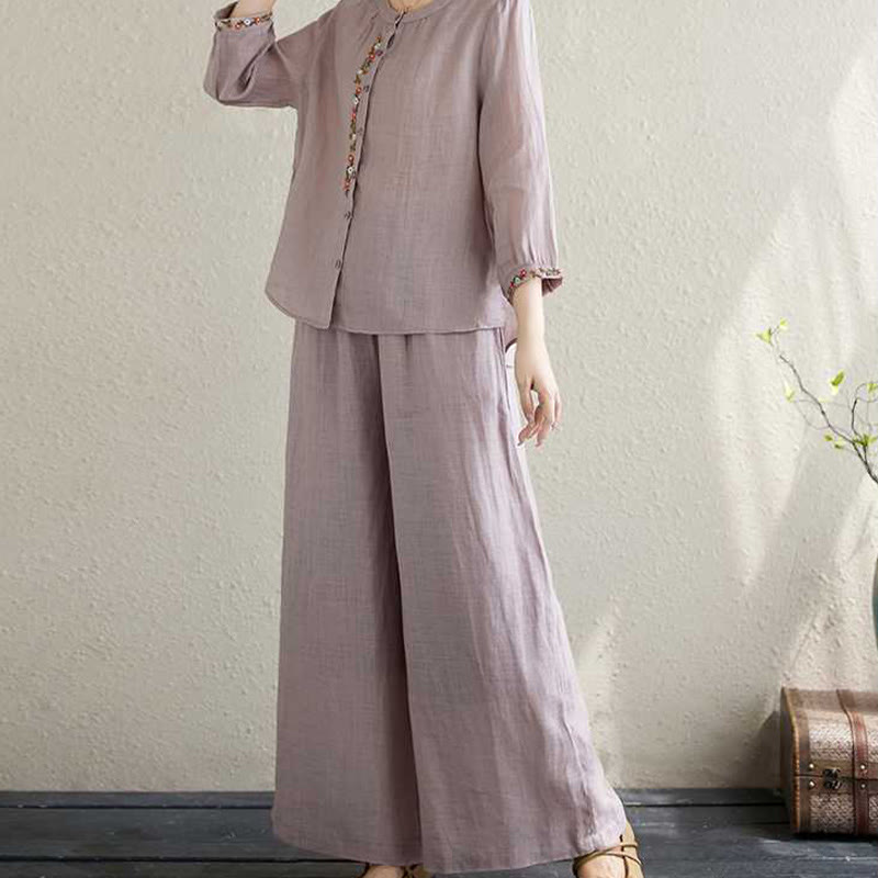 Conjunto de 2 piezas de camisa y pantalones con bordado de flores de algodón y piedras de Buddha Stones para meditación, tai chi y zen para mujer - image 5