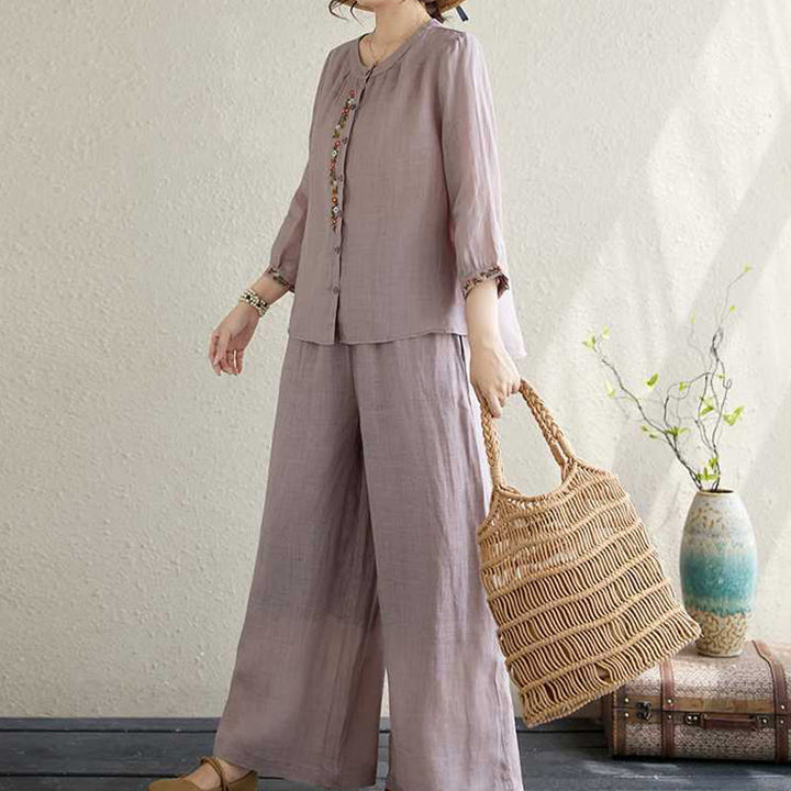 Conjunto de 2 piezas de camisa y pantalones con bordado de flores de algodón y piedras de Buddha Stones para meditación, tai chi y zen para mujer - image 2