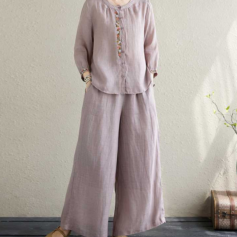 Conjunto de 2 piezas de camisa y pantalones con bordado de flores de algodón y piedras de Buddha Stones para meditación, tai chi y zen para mujer - image 4