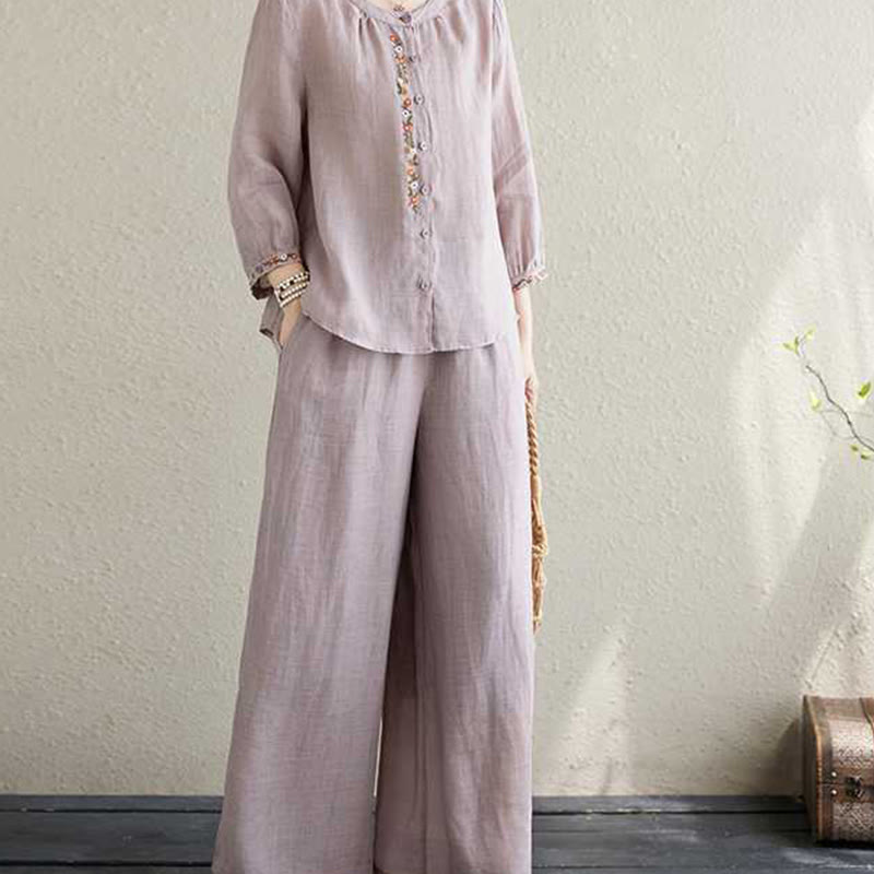 Conjunto de 2 piezas de camisa y pantalones con bordado de flores de algodón y piedras de Buddha Stones para meditación, tai chi y zen para mujer - image 11