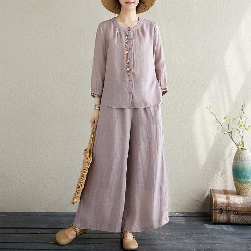 Conjunto de 2 piezas de camisa y pantalones con bordado de flores de algodón y piedras de Buddha Stones para meditación, tai chi y zen para mujer - Cardo - US6，UK/AU10，EU38 (XL) - image 1