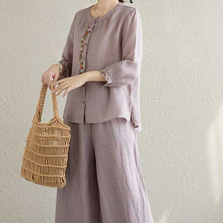 Conjunto de 2 piezas de camisa y pantalones con bordado de flores de algodón y piedras de Buddha Stones para meditación, tai chi y zen para mujer - image 8