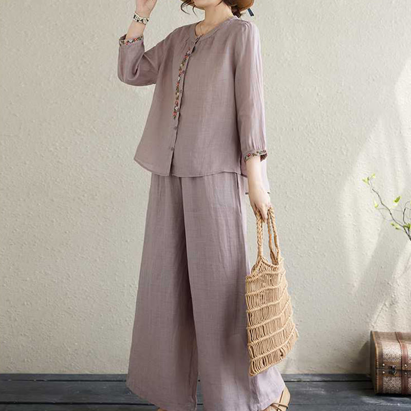 Conjunto de 2 piezas de camisa y pantalones con bordado de flores de algodón y piedras de Buddha Stones para meditación, tai chi y zen para mujer - image 6
