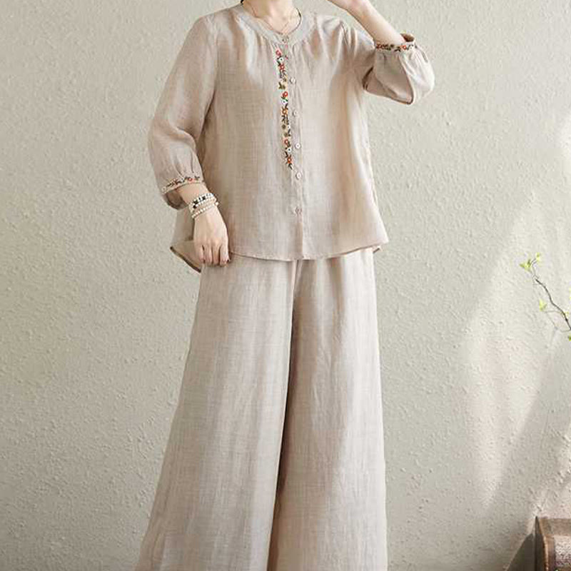 Conjunto de 2 piezas de camisa y pantalones con bordado de flores de algodón y piedras de Buddha Stones para meditación, tai chi y zen para mujer - image 17