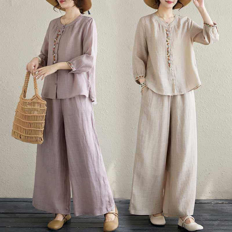 Conjunto de 2 piezas de camisa y pantalones con bordado de flores de algodón y piedras de Buddha Stones para meditación, tai chi y zen para mujer - image 27