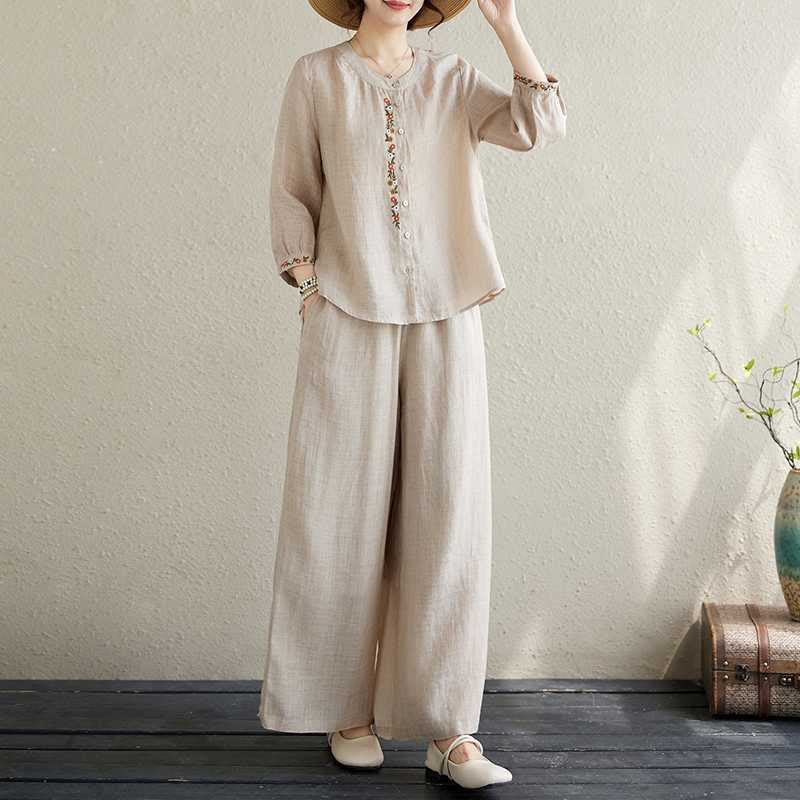 Conjunto de 2 piezas de camisa y pantalones con bordado de flores de algodón y piedras de Buddha Stones para meditación, tai chi y zen para mujer - image 20