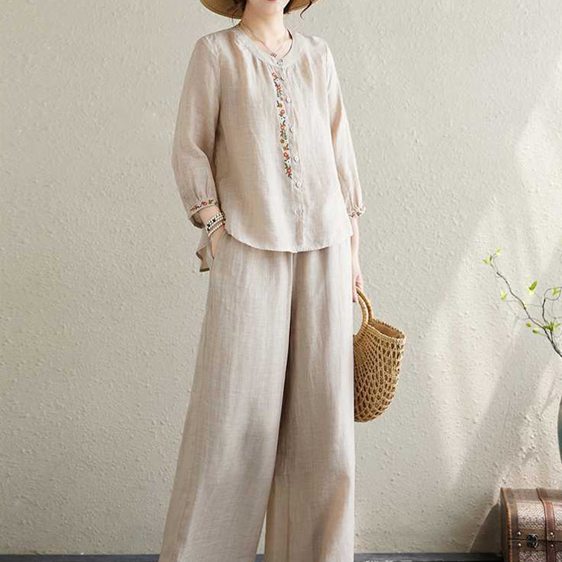 Conjunto de 2 piezas de camisa y pantalones con bordado de flores de algodón y piedras de Buddha Stones para meditación, tai chi y zen para mujer - image 14