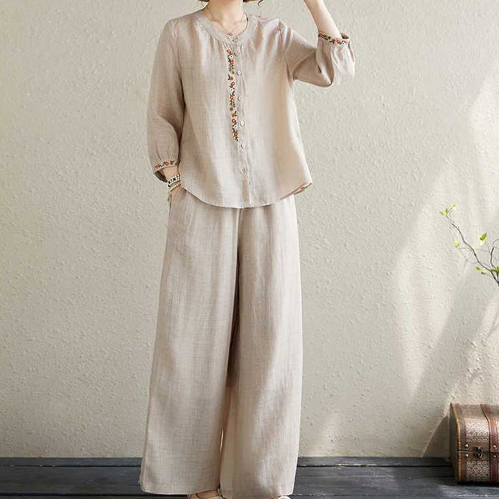 Conjunto de 2 piezas de camisa y pantalones con bordado de flores de algodón y piedras de Buddha Stones para meditación, tai chi y zen para mujer - Beige - US6，UK/AU10，EU38 (XL) - image 12