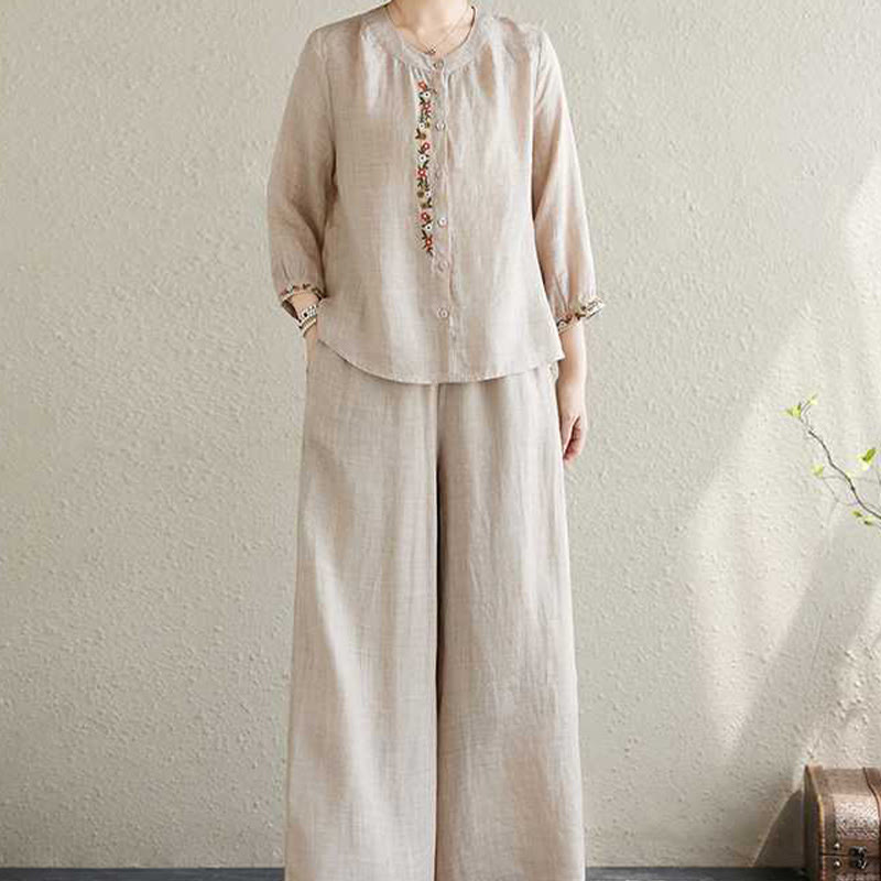 Conjunto de 2 piezas de camisa y pantalones con bordado de flores de algodón y piedras de Buddha Stones para meditación, tai chi y zen para mujer - image 16