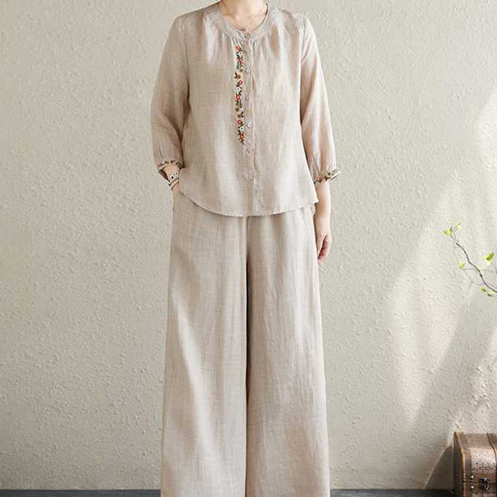 Conjunto de 2 piezas de camisa y pantalones con bordado de flores de algodón y piedras de Buddha Stones para meditación, tai chi y zen para mujer - image 16